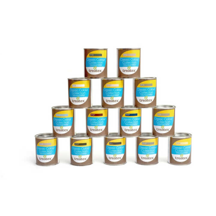 A pyramid arrangement of 15 cans of Treatex classic colour paint