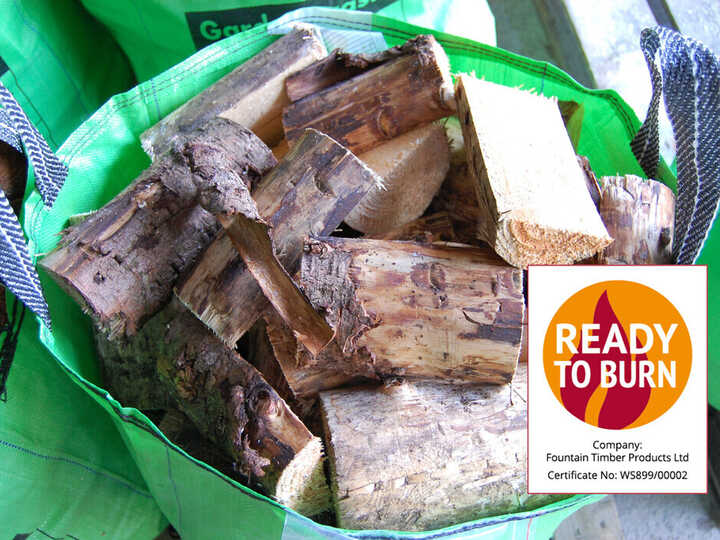 A green bag filled with chopped firewood and a "Ready to Burn" logo.