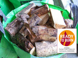 A green bag filled with chopped firewood and a "Ready to Burn" logo.