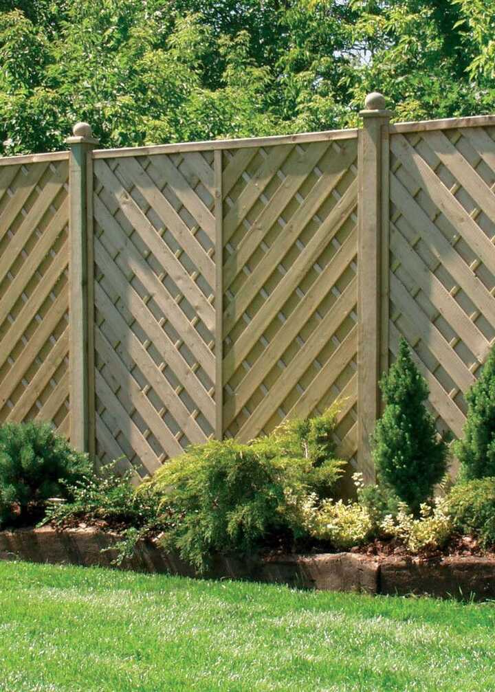 Hampshire Flat Top Fence Panel with a diagonal pattern, surrounded by green grass and small shrubs.