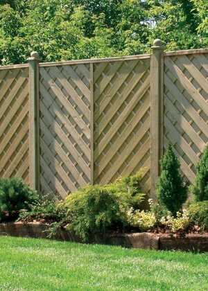 Hampshire Flat Top Fence Panel with a diagonal pattern, surrounded by green grass and small shrubs.