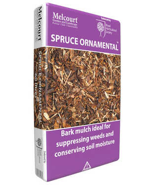Packaging of Melcourt spruce ornamental bark mulch for gardens.