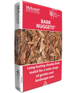 Packaging for Melcourt Bark Nuggets, a chunky bark mulch for landscaping uses.