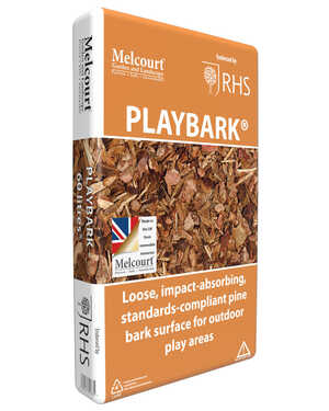 Packaging for Melcourt Playbark, a loose pine bark surface for outdoor play areas.