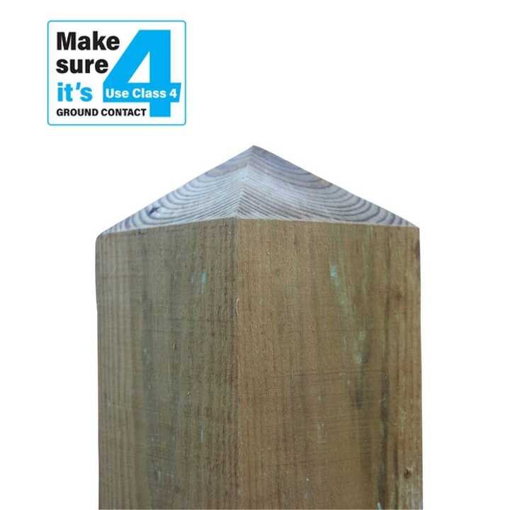 Wooden post with a pointed top and a label indicating Class 4 ground contact requirement.