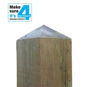 Wooden post with a pointed top and a label indicating Class 4 ground contact requirement.