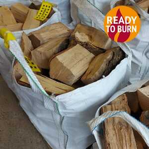 Bags of split firewood labeled "Ready to Burn."