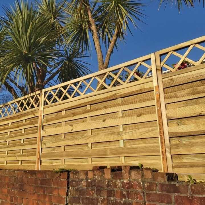Wooden lattice-top fence with palm trees and blue sky in the background.