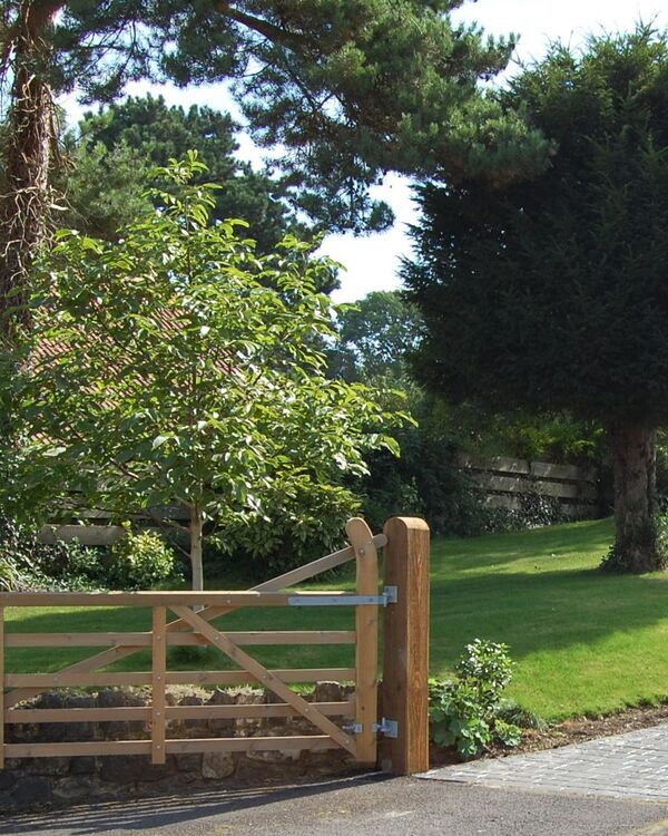 Wooden gate with a tree and landscaped garden in a sunny setting.