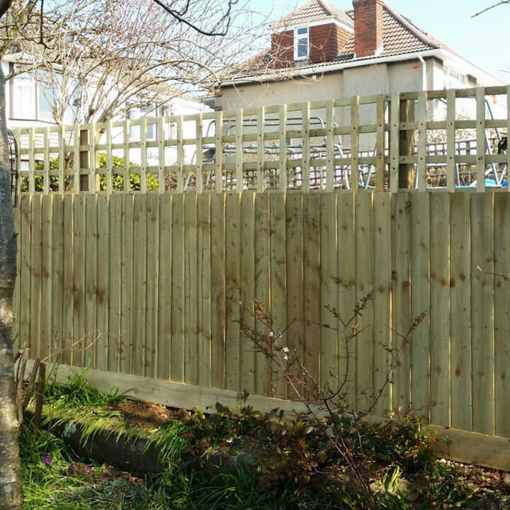 Garden space with a gravel path, potted plant, and traditional featheredge fencing.