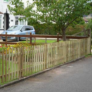 A wooden picket fence runs along a grassy area with a car parked nearby.
