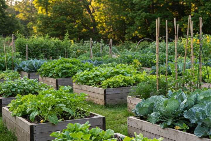 A raised garden bed with various plants and vegetables growing, set on a grassy area.