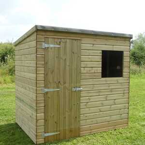 Standard Pent shed with a door and a small window, set on grassy ground.