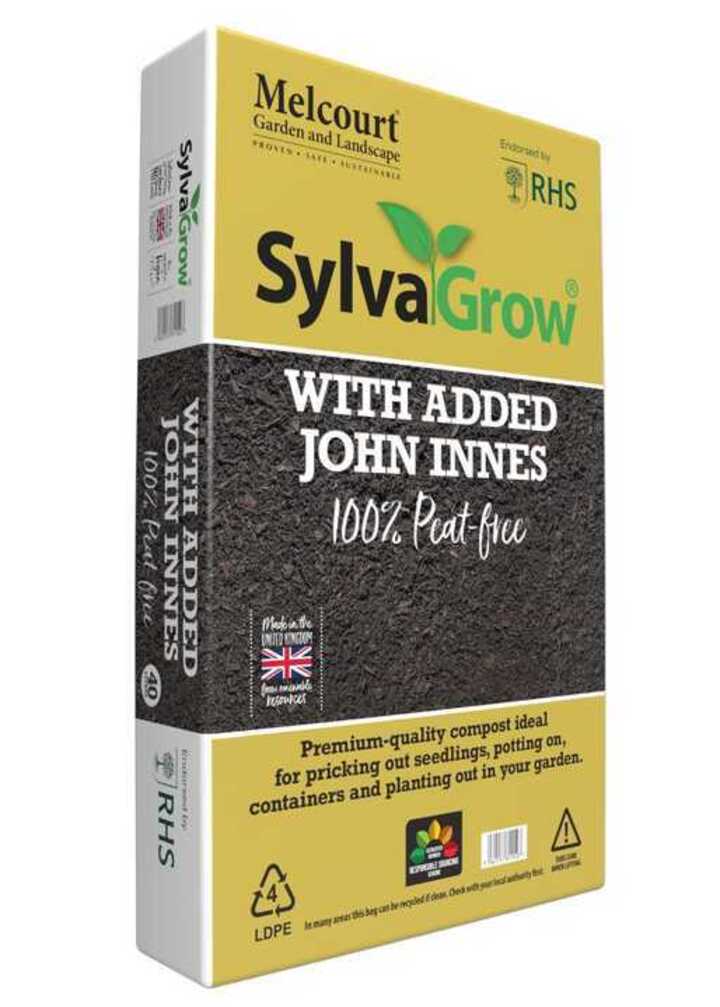 A bag of SylvaGrow compost with added John Innes, labeled 100% peat-free.