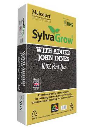 A bag of SylvaGrow compost with added John Innes, labeled 100% peat-free.
