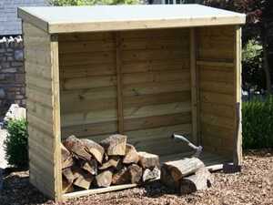 Wooden firewood shed with stacked logs and an axe beside it.