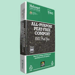 Green packaging of Melcourt All-Purpose Peat-Free Compost, labeled 100% Peat Free.