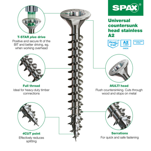 Spax T-Star Plus Countersunk A2 Stainless Steel Screws