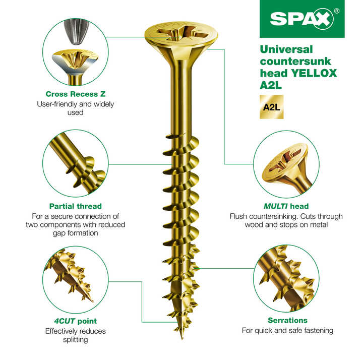 Spax Pozi Flat Countersunk Yellox Coated Screws