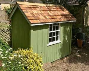 Garden shed painted with Thorndown wood paint in green
